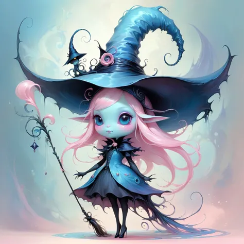 pastel pink and blue creature with a witch hat with a tendril fairy-like In Anne Bachelier art style