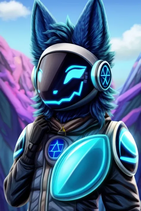 furry (protogen visor azul) sorrindo, pelo azul, orelha cinza