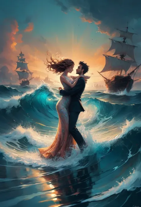 Dancing on the Sea Surface, by Cyril Rolando, best quality, masterpiece, very aesthetic, perfect composition, intricate details, ultra-detailed