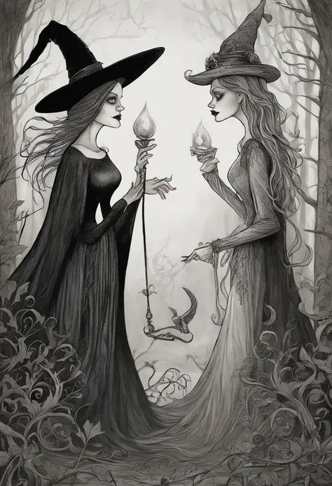 cartoon by Tim Burton, IN DETAIL, Good quality, 2 WITCHES, Drawing, sketch, pale colors, Light and darkness, Good and evil, HD