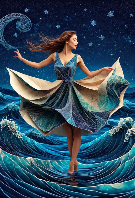 (best quality, highres, ultra sharp), womens Dancing on the Sea Surface, magical, origami sea, zentangle lines printed in clothes, starry sky, 3d crunch, cinematic,