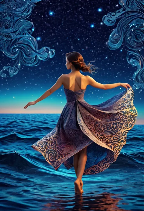 (best quality, highres, ultra sharp), womens Dancing on the Sea Surface, magical, origami sea, zentangle lines printed in clothes, starry sky, 3d crunch, cinematic,