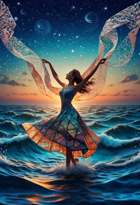 (best quality, highres, ultra sharp), many women Dancing on the Sea Surface, magical, origami sea, zentangle lines printed in clothes, starry sky, 3d crunch, cinematic,