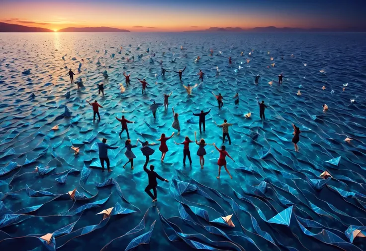 (best quality, highres, ultra sharp), people Dancing on the Sea Surface, magical, origami sea, zentangle lines printed in clothes, starry sky, 3d crunch, cinematic, aerial view,