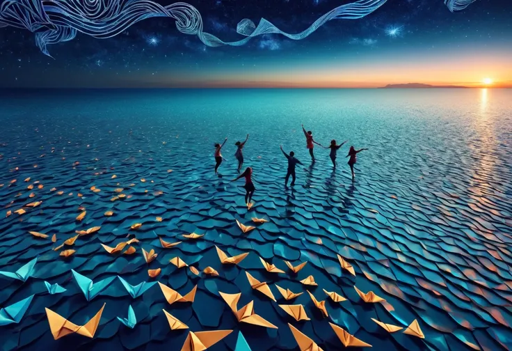 (best quality, highres, ultra sharp), people Dancing on the Sea Surface, magical, origami sea, zentangle lines printed in clothes, starry sky, 3d crunch, cinematic, aerial view,