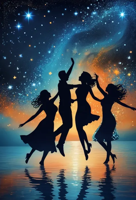 (best quality,highres:1.2),silhouette of  people Dancing on the Sea Surface,starry background,blue,orange,blurred,zentangle style,black, crunch it, make it outstanding, the best emotive silhouette ever, sparkles, sea, musical explosions, flying musical not...