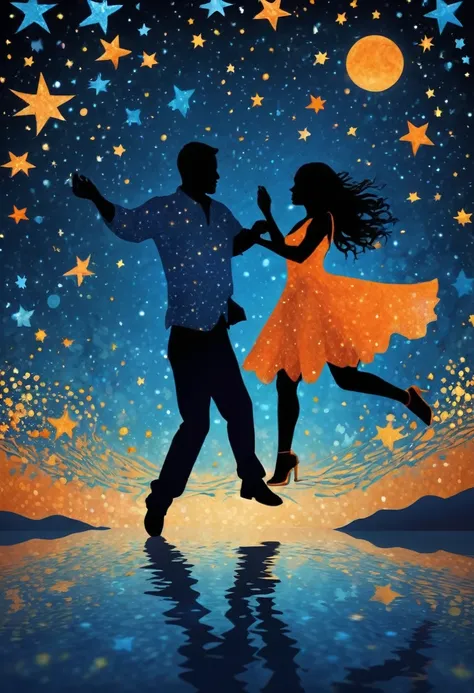 (best quality,highres:1.2),silhouette of  people Dancing on the Sea Surface,starry background,blue,orange,blurred,zentangle style,black, crunch it, make it outstanding, the best emotive silhouette ever, sparkles, sea, musical explosions, flying musical not...