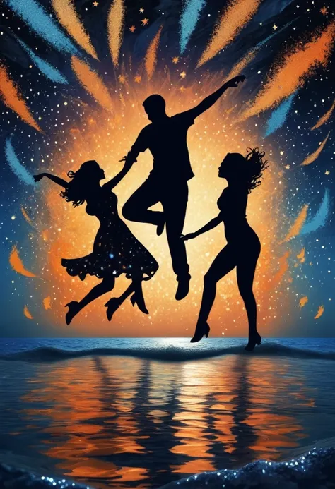 (best quality,highres:1.2),silhouette of  people dancing on the sea surface,starry background,blue,orange,blurred,zentangle styl...