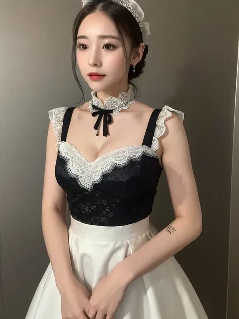 ((best quality, 8K, masterpiece: 1.3)), Upper body (1.3), huge (5), maid dress up，Hold your head high and chest high，Sling lace mini skirt，Black thin lace skirt，suspenders black，Smooth and delicate skin。