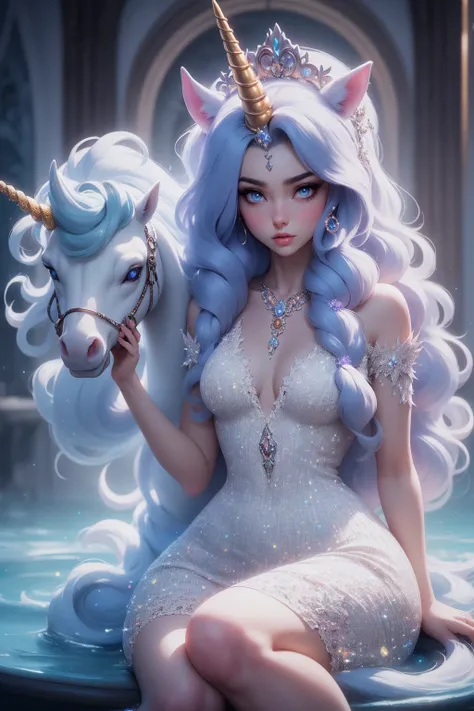 {-erro_de_anatomia:1.0} There is a white unicorn girl, blue mane and long mane, white unicorn, unicorn, unicorn horns, A unicorn, celestia, Nine stories, blue unicorn, soft dreamy, cinematic light《fangs》Unicorn in, mythological creatures, a mythical creatu...