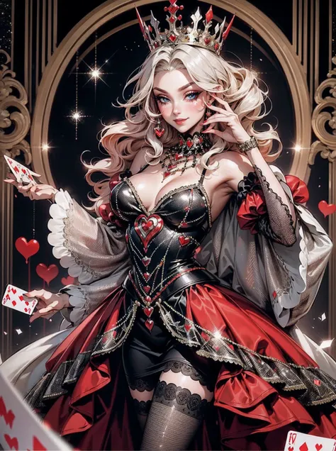 Em um luxuoso cassino, A stunning woman wears an exquisite dress adorned with heart symbols, embodying the royal presence of the Queen of Hearts. Surrounded by a backdrop of poker cards and chips, She exudes confidence and seduction, convidando os jogadore...