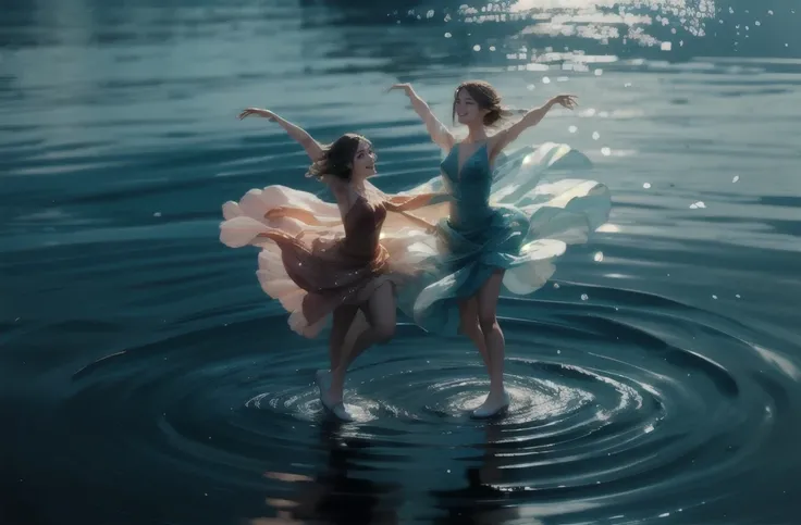 2women:1.4), flowing dresses, ocean, dancing on the water, pair skating, calm seas, bright light, vibrant colors, daytime, sunny, summer, reflections on water