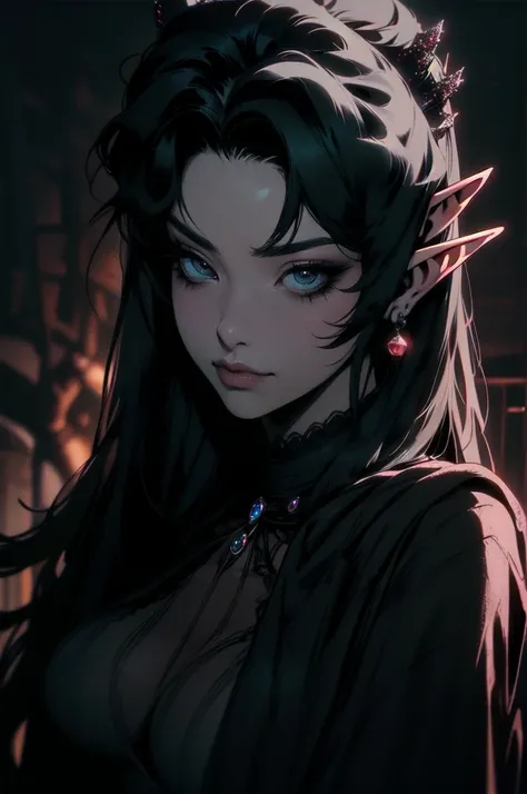 { - anatomy error}(Masterpiece - Ultra-detailed, very high resolution)moonlight, hyper-realistic of a mysterious woman with flowing black hair, ears of elf, piercing opal eyes, and a delicatelace crown, delicate smile, upper body, 