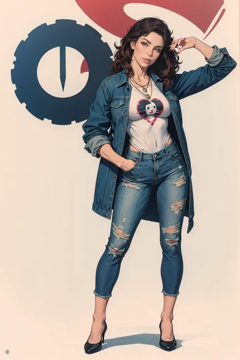 (((full body photo))2 girl, long hair, looking at viewer, blue eyes, brown hair, shirt, jewelry, jacket, white shirt, open clothes, pants, necklace, nail polish, open jacket, lips , black jacket, head tilt, tattoo, jeans, blue jacket, red nails, hand in po...