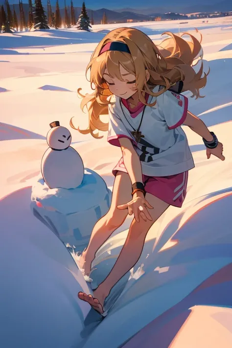 a cute 6 year old christian church girl named Zachary, brownish blonde hair, hairband, skinny, long wavy hair, in the arctic, wintertime, playing in the snow, short sleeved white sport jersey tshirt, pink shorts, cross necklace, playing in the snow, sunset...