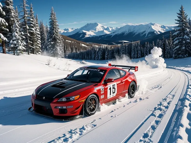 racing car, running through snowy mountain road, drift, 2 cars, snow smoke