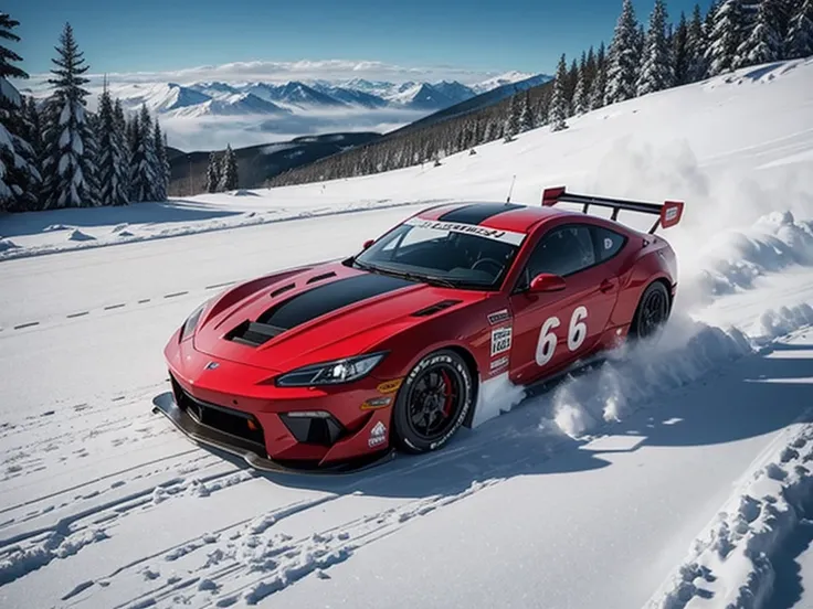 racing car, running through snowy mountain road, drift, 2 cars, snow smoke