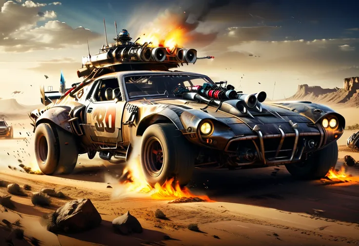 ((racing car: 1.5, drone-style high angle camera view: 1.5, wide general shot: 1.5)), ((several cars running mad max style races...