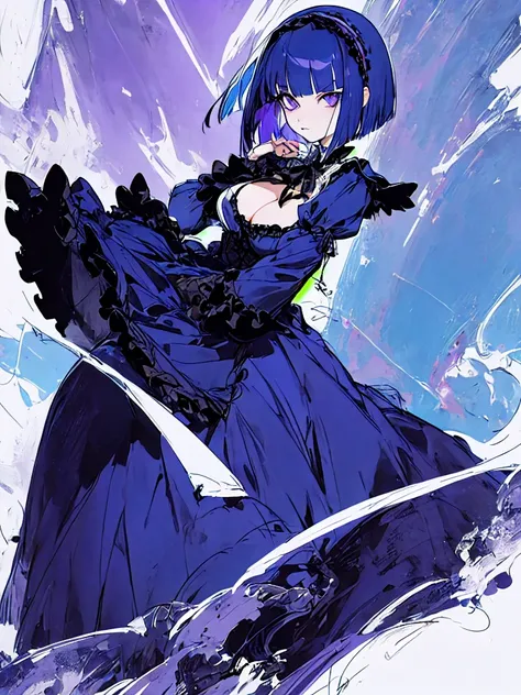 purple eyes,big tits,girl,blue hair,blue clothes,gothic lolita,bob cut,high-quality,full-length portrait or painting