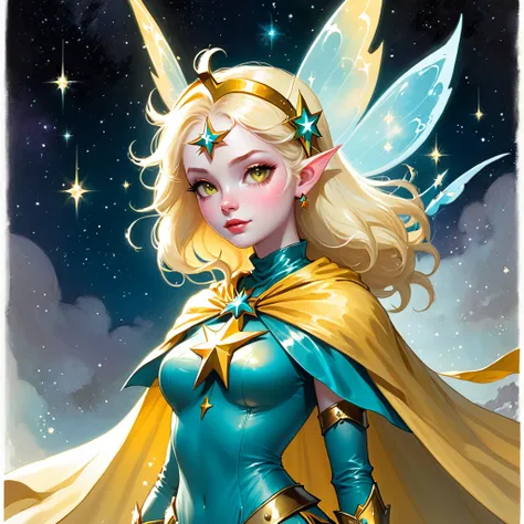 star fairy with pale skin pale-yellow cape and star shaped helm with teal tags in Dave Dorman art style
