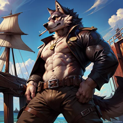 (detailed background:1.2),(sky,cloud,ship,flyingcraft,killer in gang, pirate costume, weapons on belt, smoking, skull medal, scars,coins),(rewarding, masterpiece ,best quality ,high quality, shaded, 8K),(kemono,furry,anthro),(by darkgem, by sindenbock, by ...