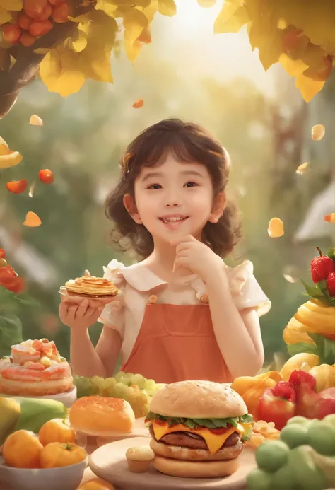 In the center of the face is an animated girl wearing a cute hair ornament,With crying on his face, She sat in the middle of a pile of snacks,The surroundings are covered with a variety of delicious vegetable and fruits, Cupcakes, Milk tea, etc, The girl h...