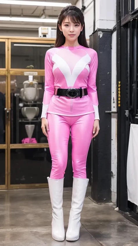 (8K、 highest quality、 masterpiece、 realistic、 Super detailed:1.3)、(Photoreal:1.2)、(((Bright shocking pink white tight suit、long sleeve、belt、body-fitting suit、white boots)))、((beautiful japanese woman))、one woman、straight long hair、Please let your hair down...