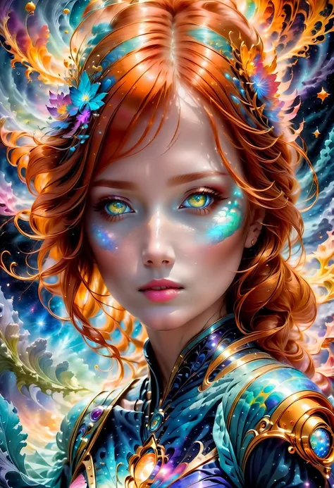 Concept art. An otherworldly female essence surrounded by mystery and movement. A surreal painting in a variety of bright colors and contrasting textures. The young sexy ginger woman emits an unearthly glow, in the form of gently swirling nebulae. Beauty o...