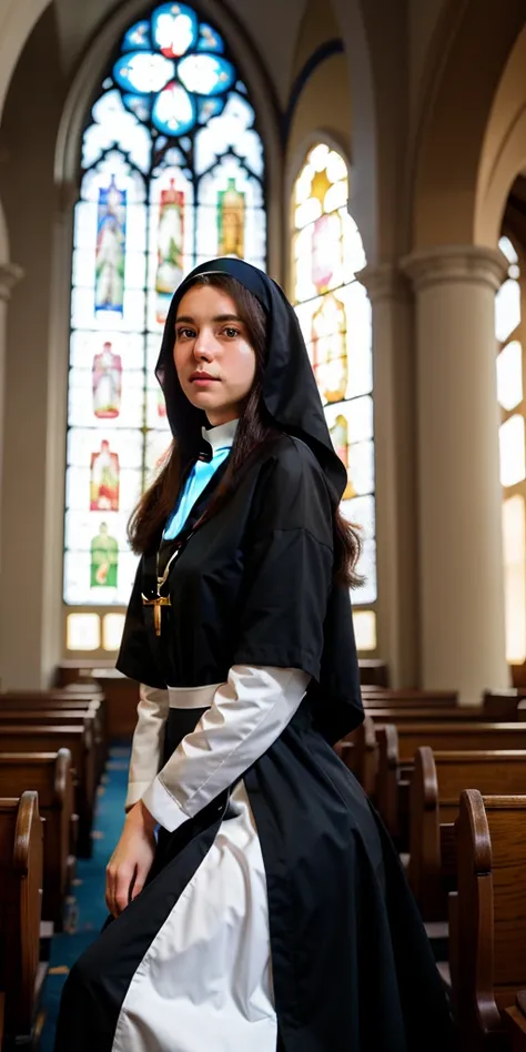 beautiful 18 year old european nun, with dark hair, sitting in church and praying, HDR, (make up:0), realistic, UHD, high contrast, detailed 8K, best quality masterpiece