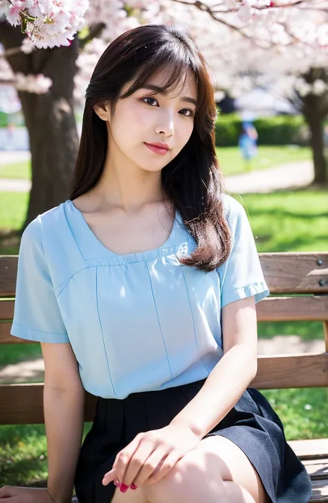 ((highest quality、8K、masterpiece:1.3))、Photoreal, sharp focus, High level image quality, High resolution, portrait, alone, japanese woman, Beautiful woman,  short sleeve blouse、skirt、33 years old, semi-long、sitting on a park bench、looking at cherry blossom...