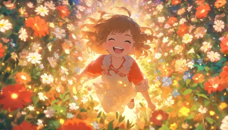 little girl，short hair，Laugh happily，surrounded by many flowers at the back