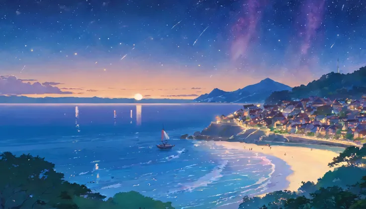 "Picture a tranquil midnight coastal vista where the sun has dipped below the horizon, leaving the moon to cast its gentle glow upon the sea and sky. Here, the sea and sky blend seamlessly, embracing the observer beneath a star-studded heavens illuminated ...