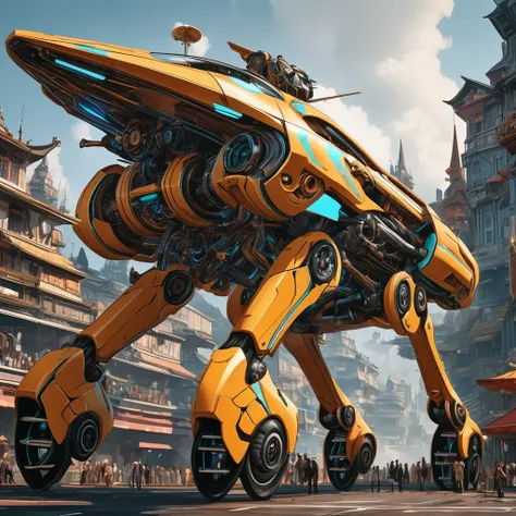 Racing Car, aesthetic, extremely detailed, a futuristic giant racing car shaped like a tall huge mechanical giraffe, people within its body. It uses its mechanical legs to move like a giant robot instead of regular wheels, detailed matte painting, deep col...