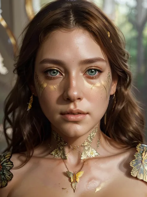 Beautiful 8k portrait of brown haired woman, complex, elegant, Very detailed, huge（5），majestic, digital photography, artgerm、surreal gold butterfly filigree by ruan jia and greg rutkowski, shattered glass, (masterpiece, side light, Delicate and beautiful e...