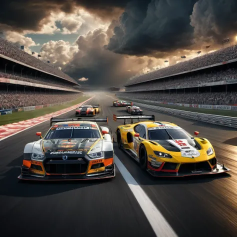 Racing Car, aesthetic, extremely detailed, Two cars, thrilling starting line drag race at the car race track, thunderclouds, dramatic detailed clouds, meticulously hyperdetailed fantasy photo with breathtaking intricate details, by WETA FX and industrial l...