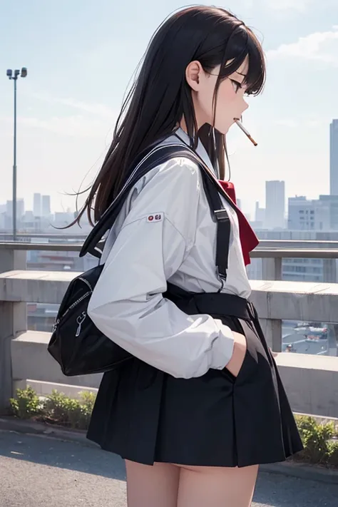 (highest quality, masterpiece、high school girl smoking１people、solo、hands are in pockets、grumpy face)、((see the whole body))、(((facing away)))