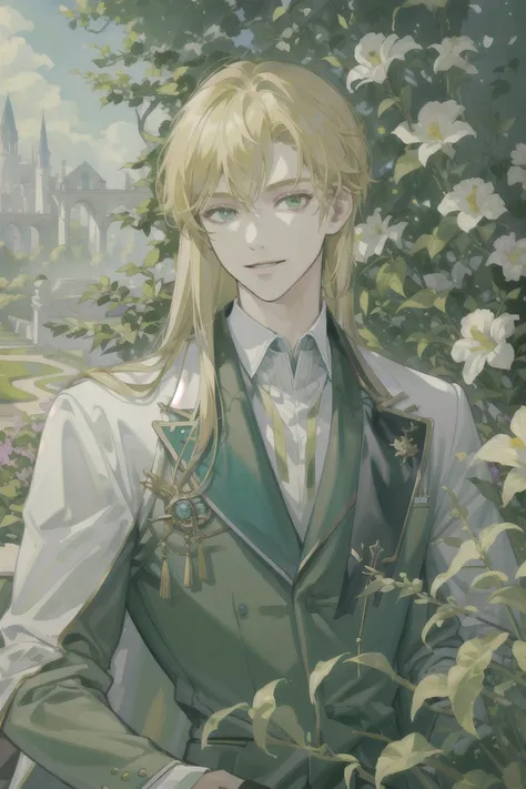 ((masterpiece:1.2, best quality)), 4k, adult, 1man, male, royal, nobleman, very tall, bangs, long straight blonde hair, green eyes, smile, face, portrait, suit, garden