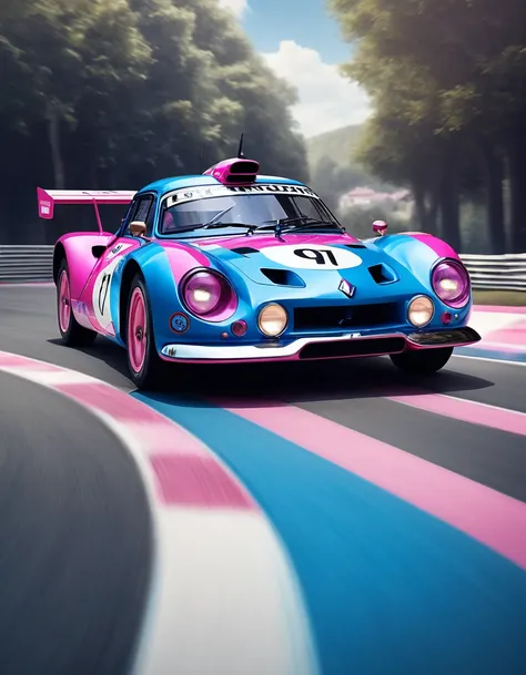 (masterpiece, best quality:1.2), photorealistic, sharp focus, Renault Alpine Blue and pink Racing car