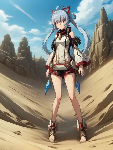 phantasy star online 2, matoi, desert,in sand,sand dust,(((sinking in sand,submerged in sand, standing, legs))),full body,