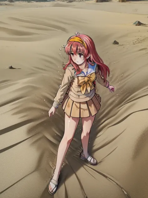 fujisaki shiori, yellow hairband, , serafuku, long sleeves, pleated skirt, desert,in sand,sand dust,(((sinking in sand,submerged...