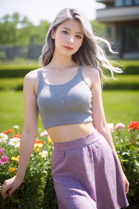 realistic, 1 girl, gray hair, purple eyes, shining eyes, crop top, skirt, parted lips, blush, night, flowers, sun, sunlight