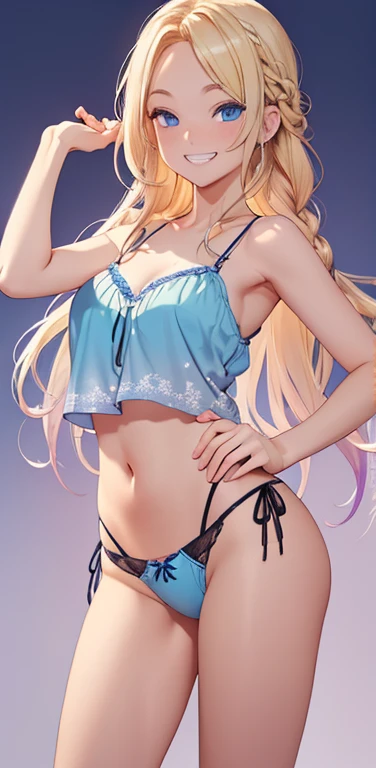 Realistic、1house wife、blonde hair、braid、blue eyes、(eye focus:1.3,face focus,cowboy shot),(gradient eyes:1.3),(camisole　sexy　panties
)、open mouth,(grin:1.3),forehead,cute face、hand on own hips,