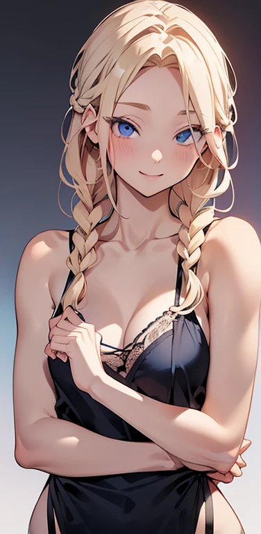 Realistic、1house wife、blonde hair、braid、blue eyes、(eye focus:1.3,face focus,upper body),(gradient eyes:1.3),(camisole　sexy　panties
)、(forced smile:1.3),single braid,cute face、(small breasts),