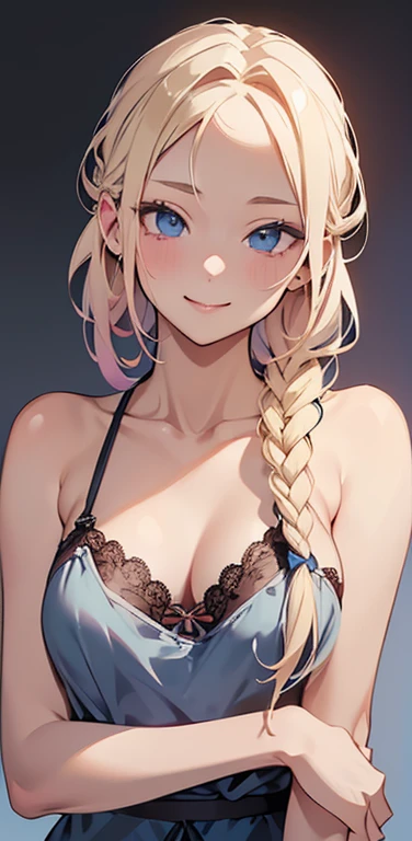 Realistic、1house wife、blonde hair、braid、blue eyes、(eye focus:1.3,face focus,upper body),(gradient eyes:1.3),(camisole　sexy　panties
)、(forced smile:1.3),single braid,cute face、(tareme:1.3),(small breasts),