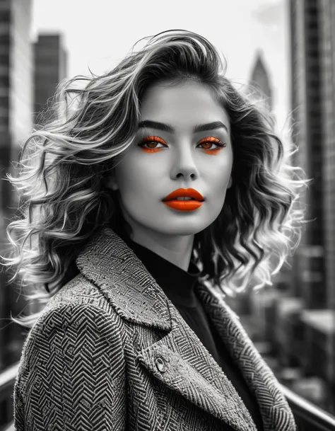 A confident woman with tousled waves and a soft red lip color, orange eyes color, posing before a monochrome cityscape backdrop, enhanced by fractal details.