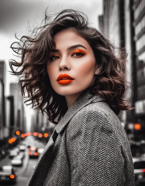 A confident woman with tousled waves and a soft red lip color, orange eyes color, posing before a monochrome cityscape backdrop, enhanced by fractal details.