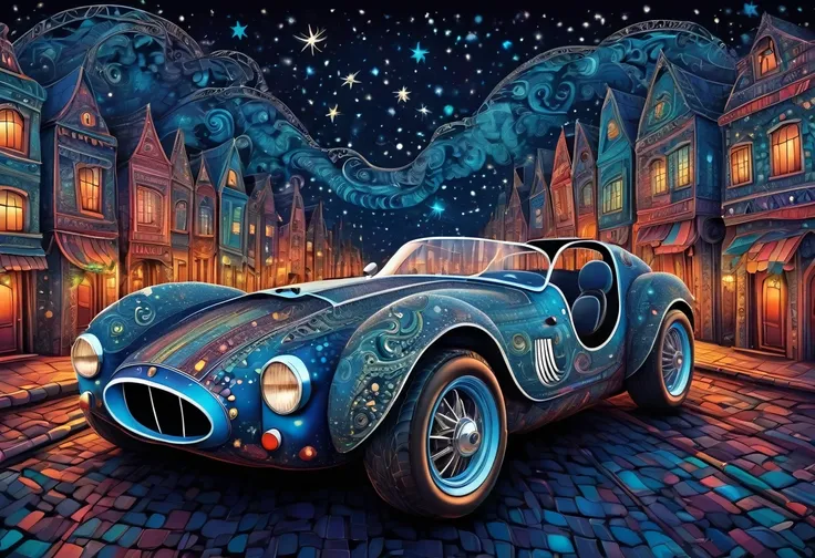 (best quality, highres, ultra sharp), magical ,cute racing car, in the city, magical zentangle printed car, full colored, dark tones, night, starry sky,