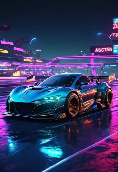 a racing car, futuristic, cyberpunk, ultra realistic, at night, on highway, neon lights up