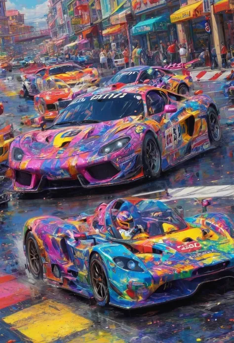 racing cars, by Lisa_Frank, best quality, masterpiece, very aesthetic, perfect composition, intricate details, ultra-detailed