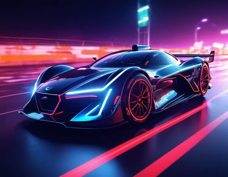 A racing car, futuristic, cyberpunk, ultra realistic, at night, on highway, neon lights up, close up, focus car,  motion blur